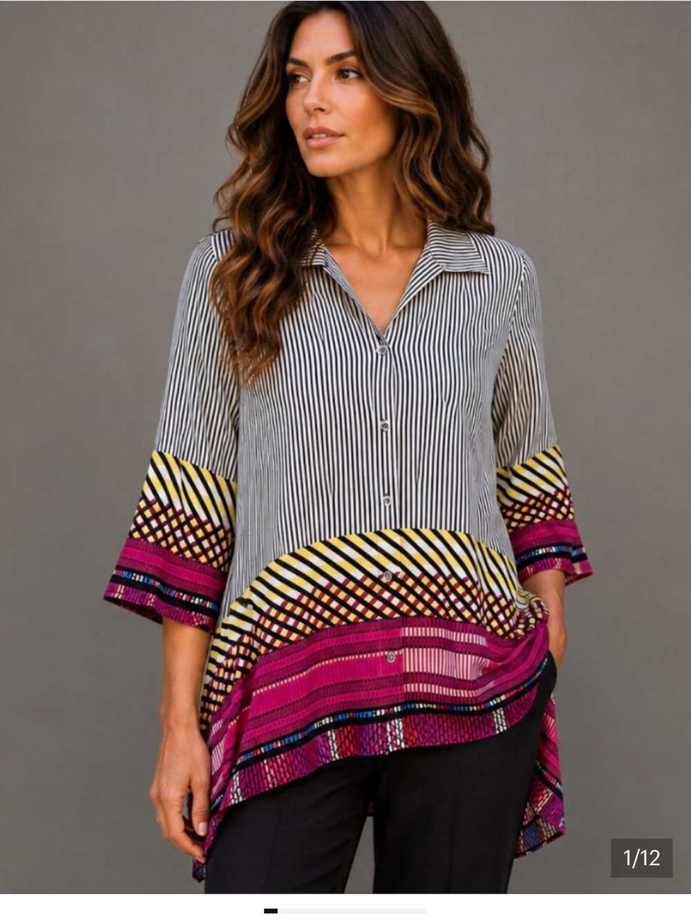 IC BY Connie K Striped Button-Front Tunic with Magenta & Yellow Border